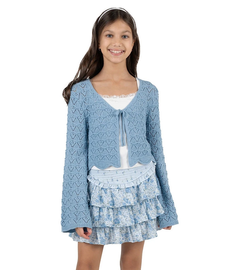 Tween Diva Big Girls Long-Sleeve Crocheted Cardigan, Lace-Trimmed Tank Top & Mixed-Media Multi-Tier Skirt