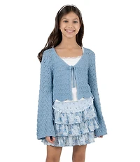 Tween Diva Big Girls Long-Sleeve Crocheted Cardigan, Lace-Trimmed Tank Top & Mixed-Media Multi-Tier Skirt