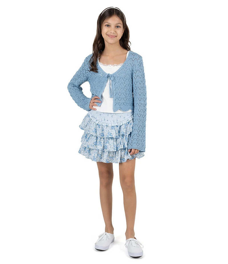 Tween Diva Big Girls Long-Sleeve Crocheted Cardigan, Lace-Trimmed Tank Top & Mixed-Media Multi-Tier Skirt
