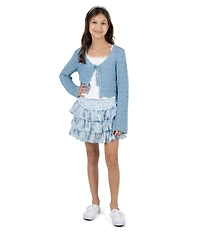 Tween Diva Big Girls Long-Sleeve Crocheted Cardigan, Lace-Trimmed Tank Top & Mixed-Media Multi-Tier Skirt