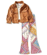 Tween Diva Big Girls Long-Sleeve Fringe-Trimmed Faux-Suede Jacket, Solid Short-Sleeve T-Shirt & Patchwork-Printed Leggings Set