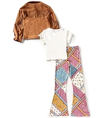 Tween Diva Big Girls Long-Sleeve Fringe-Trimmed Faux-Suede Jacket, Solid Short-Sleeve T-Shirt & Patchwork-Printed Leggings Set