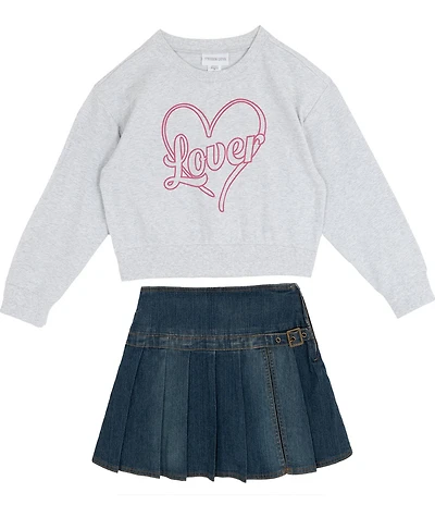 Tween Diva Big Girls Long-Sleeve Lover Screenprint Fleece Sweatshirt & Denim Skort Set