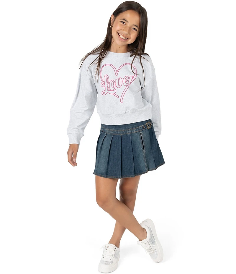 Tween Diva Big Girls Long-Sleeve Lover Screenprint Fleece Sweatshirt & Denim Skort Set