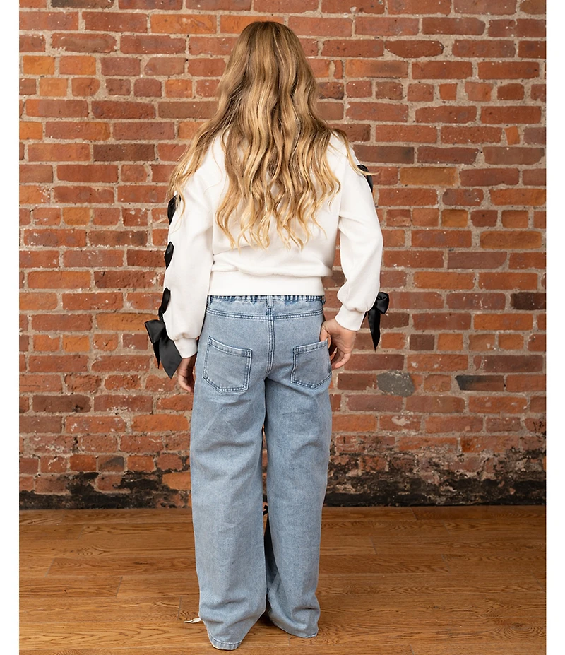 Tween Diva Big Girls Long Sleeve Pull-Through-Ribbon Bow-Detailed Fleece Sweatshirt & Bow-Accented Jeans Set
