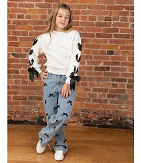 Tween Diva Big Girls Long Sleeve Pull-Through-Ribbon Bow-Detailed Fleece Sweatshirt & Bow-Accented Jeans Set