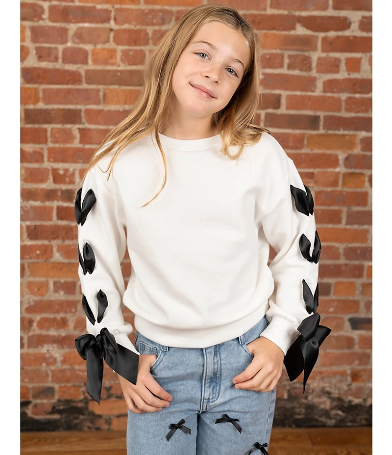 Tween Diva Big Girls Long Sleeve Pull-Through-Ribbon Bow-Detailed Fleece Sweatshirt & Bow-Accented Jeans Set