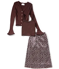 Tween Diva Big Girls Long-Sleeve Solid Rib-Knit Cardigan, Camisole & Dotted Charmeuse Skirt Set