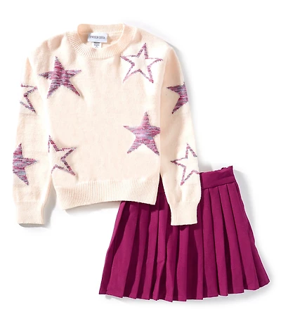 Tween Diva Big Girls Long Sleeve Star Sweater & Woven Pleated Skirt 2-Piece Set