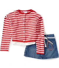 Tween Diva Big Girls Long Sleeve Stripe Knit Cardigan, Camisole & Denim Skirt Set