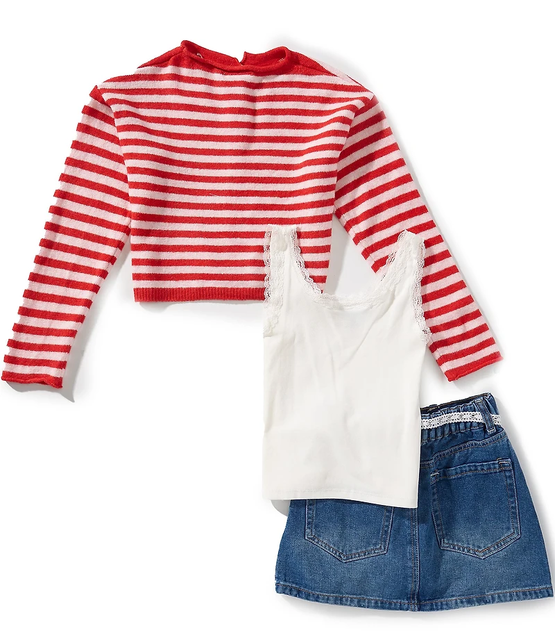 Tween Diva Big Girls Long Sleeve Stripe Knit Cardigan, Camisole & Denim Skirt Set