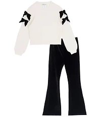 Tween Diva Big Girls Long-Sleeve Velvet-Bow-Trimmed Textured-Knit Sweater & Flare-Leg Velvet Pant Set