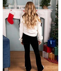 Tween Diva Big Girls Long-Sleeve Velvet-Bow-Trimmed Textured-Knit Sweater & Flare-Leg Velvet Pant Set