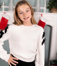 Tween Diva Big Girls Long-Sleeve Velvet-Bow-Trimmed Textured-Knit Sweater & Flare-Leg Velvet Pant Set