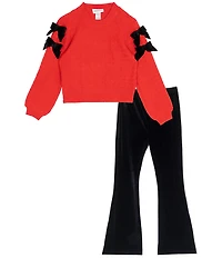 Tween Diva Big Girls Long-Sleeve Velvet-Bow-Trimmed Textured-Knit Sweater & Flare-Leg Velvet Pant Set