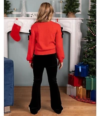 Tween Diva Big Girls Long-Sleeve Velvet-Bow-Trimmed Textured-Knit Sweater & Flare-Leg Velvet Pant Set