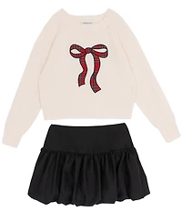 Tween Diva Big Girls Off The Shoulder Plaid Bow Applique Sweater Top & Skirt Set