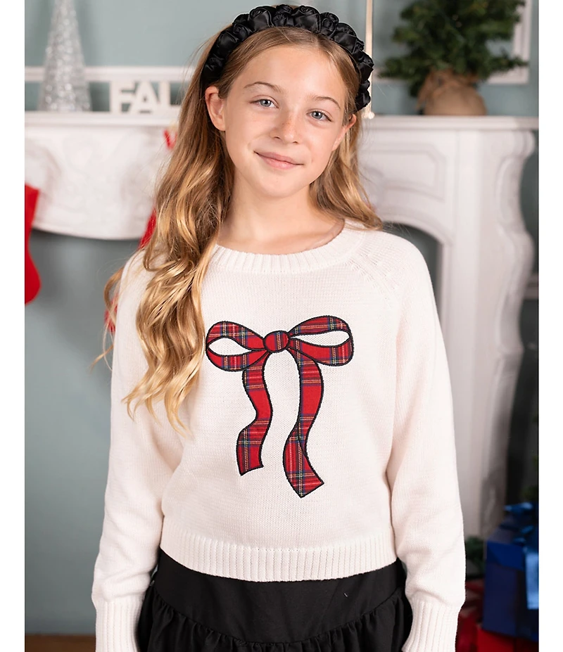Tween Diva Big Girls Off The Shoulder Plaid Bow Applique Sweater Top & Skirt Set