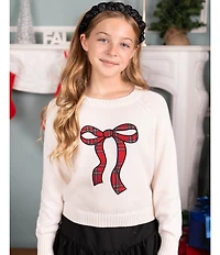 Tween Diva Big Girls Off The Shoulder Plaid Bow Applique Sweater Top & Skirt Set