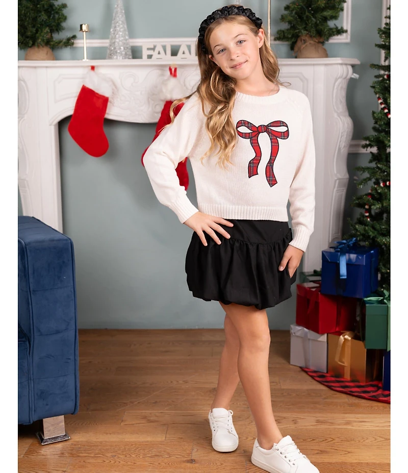 Tween Diva Big Girls Off The Shoulder Plaid Bow Applique Sweater Top & Skirt Set