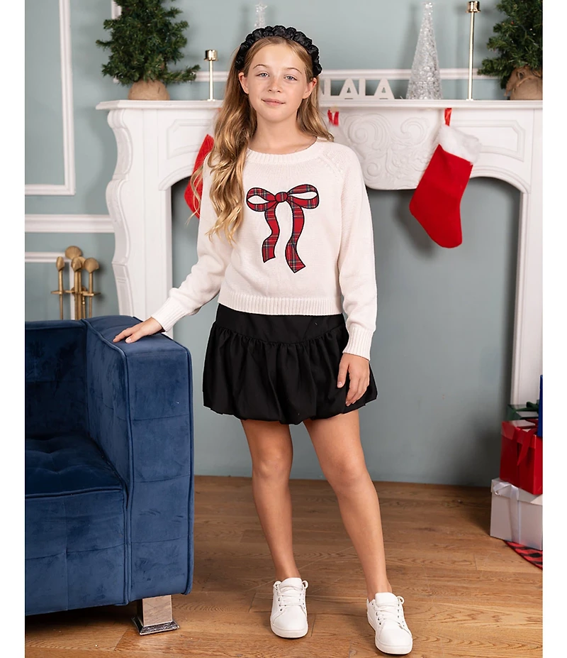 Tween Diva Big Girls Off The Shoulder Plaid Bow Applique Sweater Top & Skirt Set