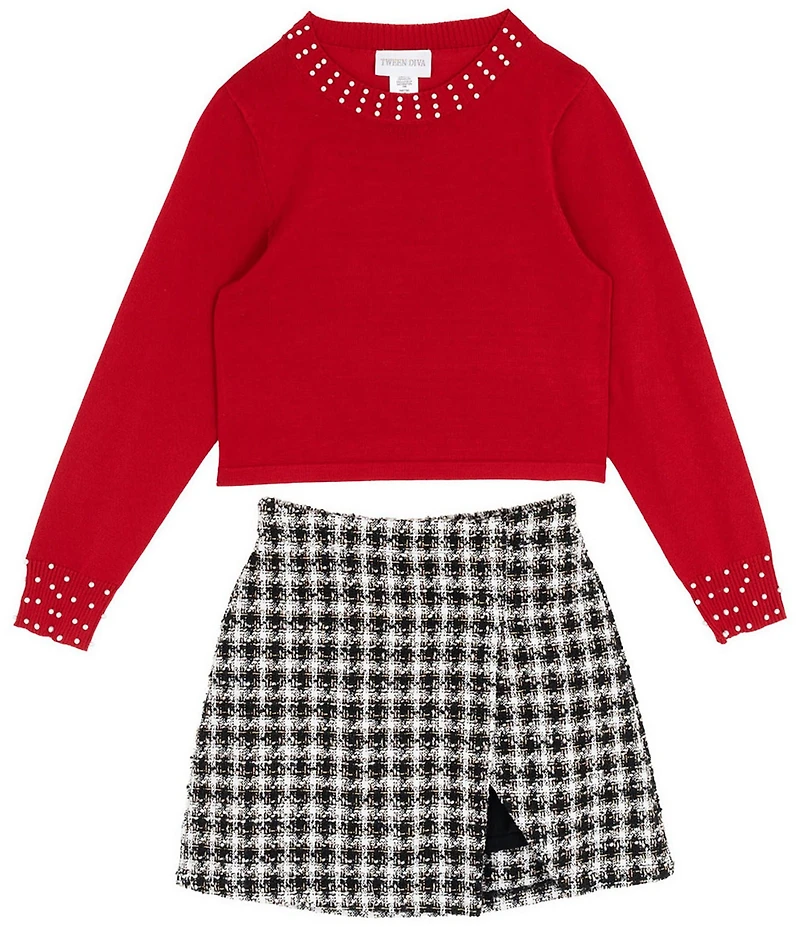 Tween Diva Big Girls Pearl Embellished Sweater & Plaid Boucle Wrap Skort Set