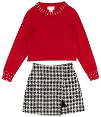 Tween Diva Big Girls Pearl Embellished Sweater & Plaid Boucle Wrap Skort Set