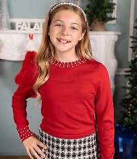 Tween Diva Big Girls Pearl Embellished Sweater & Plaid Boucle Wrap Skort Set