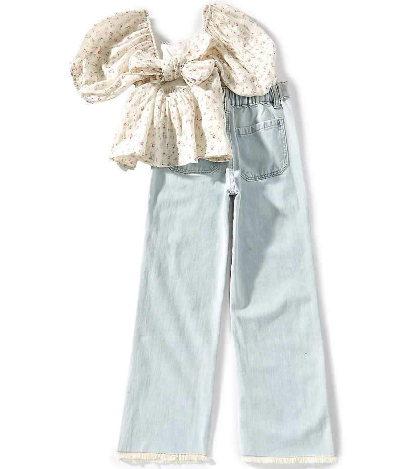 Tween Diva Big Girls Puffed-Sleeve Ditsy-Floral Top & Lace-Trimmed Jeans Set