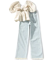 Tween Diva Big Girls Puffed-Sleeve Ditsy-Floral Top & Lace-Trimmed Jeans Set