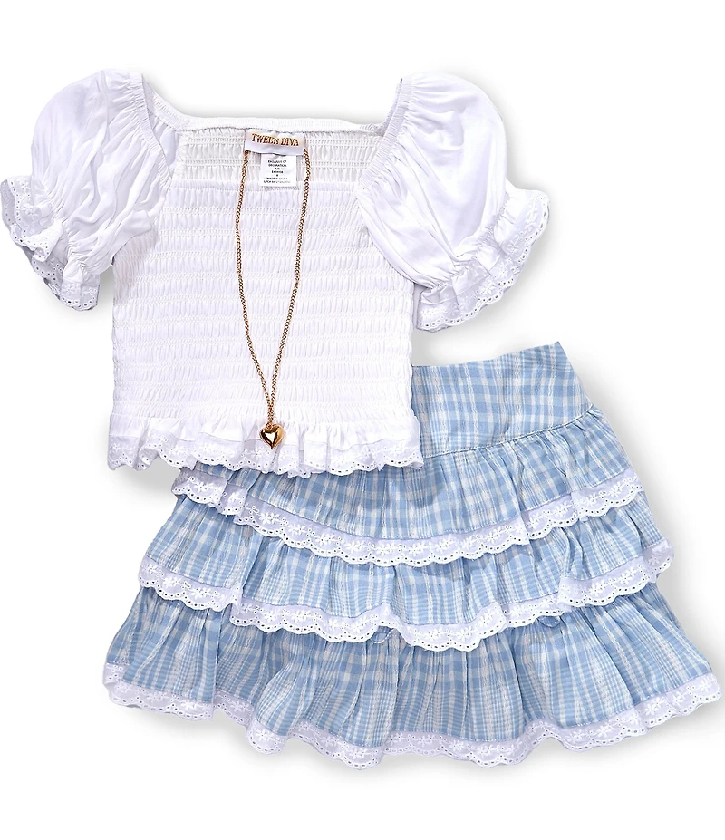 Tween Diva Big Girls Puffed Sleeve Smocked Top & Eyelet Lace Trimmed Plaid Tiered Skirt Set