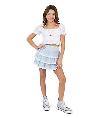 Tween Diva Big Girls Puffed Sleeve Smocked Top & Eyelet Lace Trimmed Plaid Tiered Skirt Set