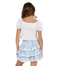 Tween Diva Big Girls Puffed Sleeve Smocked Top & Eyelet Lace Trimmed Plaid Tiered Skirt Set