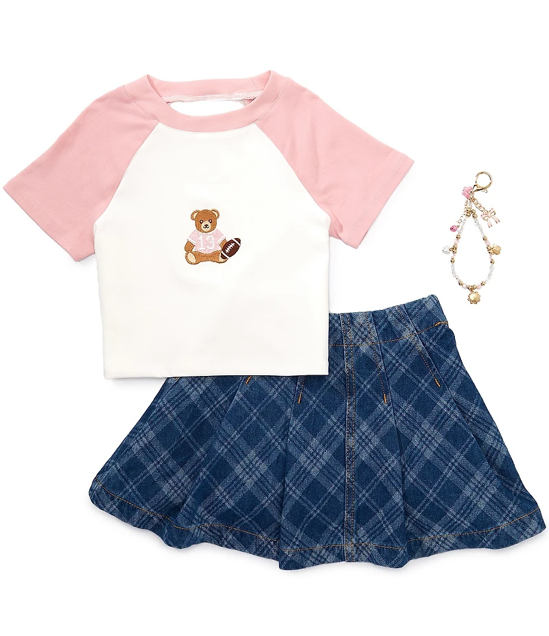 Tween Diva Big Girls Raglan Sleeve Football Bear T-Shirt & Plaid Woven Skort Set
