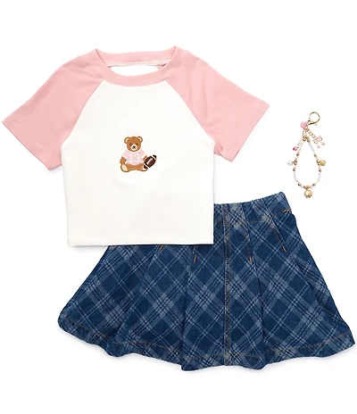 Tween Diva Big Girls Raglan Sleeve Football Bear T-Shirt & Plaid Woven Skort Set