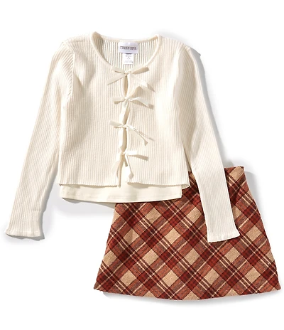 Tween Diva Big Girls Rib Knit Bow Top With Cardigan & Double Knit Plaid Skirt 3-Piece Set