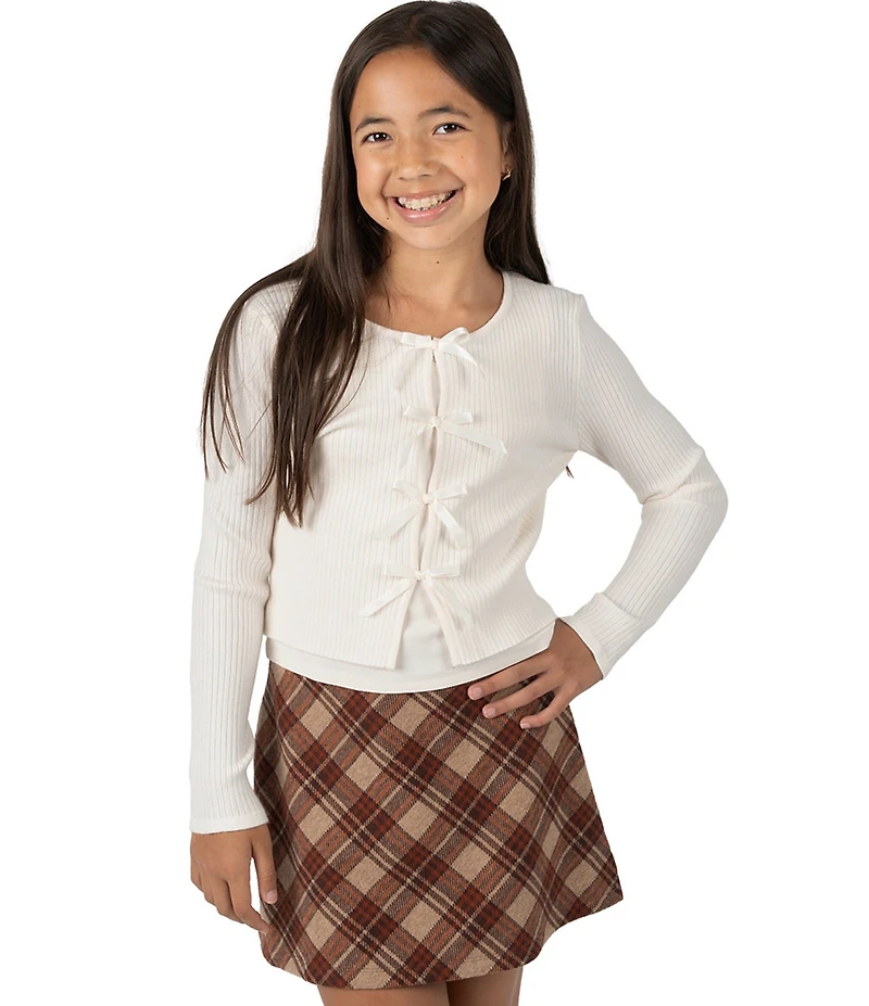 Tween Diva Big Girls Rib Knit Bow Top With Cardigan & Double Knit Plaid Skirt 3-Piece Set