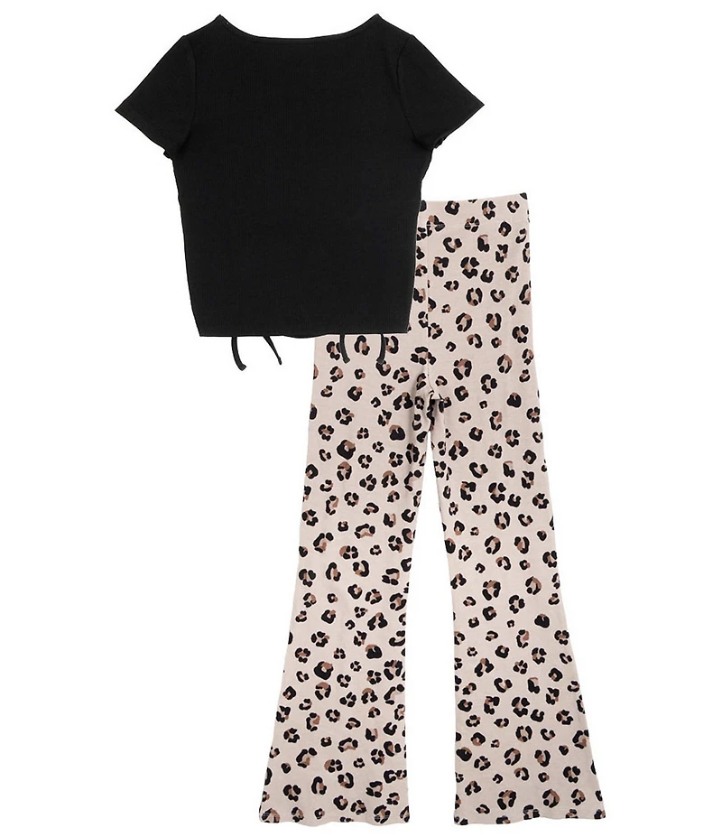 Tween Diva Big Girls Rib Knit Ruched T-Shirt And Leopard Print Flare Pants 2-Piece Set
