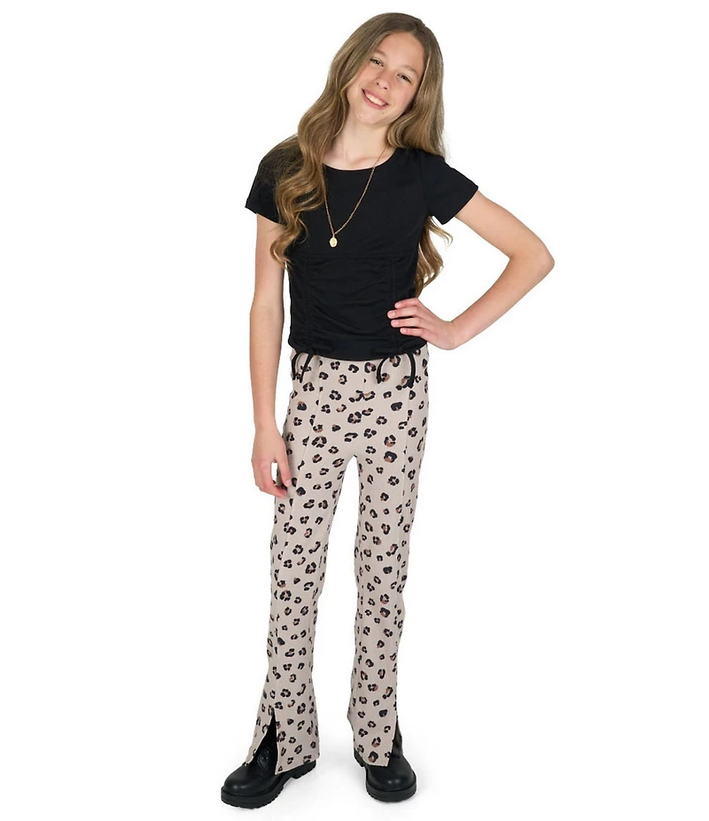 Tween Diva Big Girls Rib Knit Ruched T-Shirt And Leopard Print Flare Pants 2-Piece Set