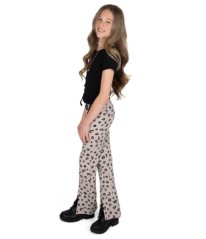 Tween Diva Big Girls Rib Knit Ruched T-Shirt And Leopard Print Flare Pants 2-Piece Set