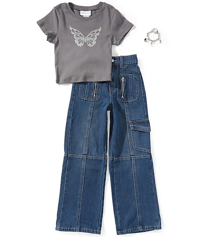 Tween Diva Big Girls Short Sleeve Butterfly-Graphic T-Shirt & Cargo-Pocket Jeans Set