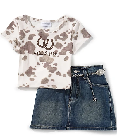 Tween Diva Big Girls Short Sleeve Cow Print T-Shirt & Belted Denim Skort Set