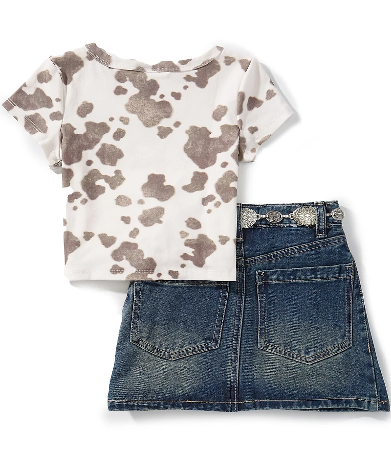 Tween Diva Big Girls Short Sleeve Cow Print T-Shirt & Belted Denim Skort Set