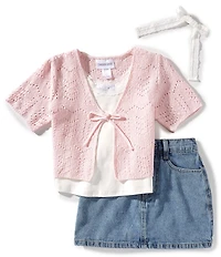 Tween Diva Big Girls Short Sleeve Crocheted Cardigan, Sleeveless Camisole, & Denim Skirt Set