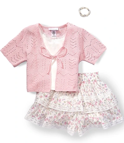 Tween Diva Big Girls Short Sleeve Crocheted Cardigan Sleeveless Camisole & Floral Printed Skort Set