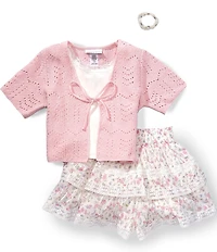 Tween Diva Big Girls Short Sleeve Crocheted Cardigan Sleeveless Camisole & Floral Printed Skort Set