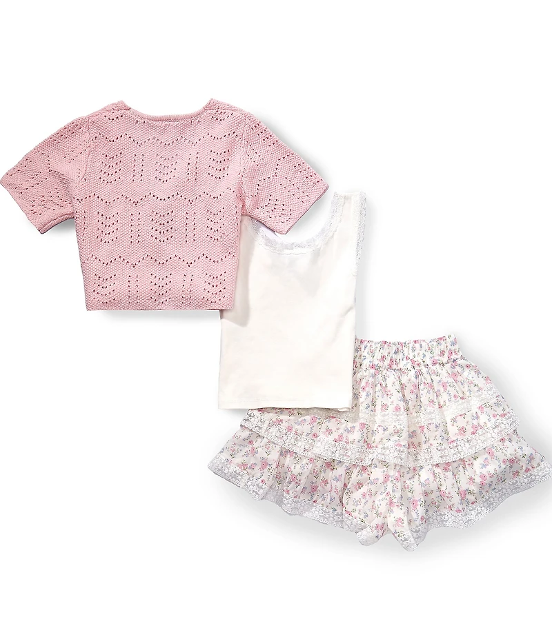 Tween Diva Big Girls Short Sleeve Crocheted Cardigan Sleeveless Camisole & Floral Printed Skort Set