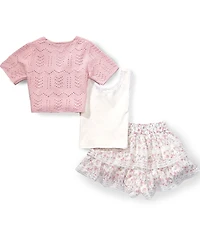 Tween Diva Big Girls Short Sleeve Crocheted Cardigan Sleeveless Camisole & Floral Printed Skort Set