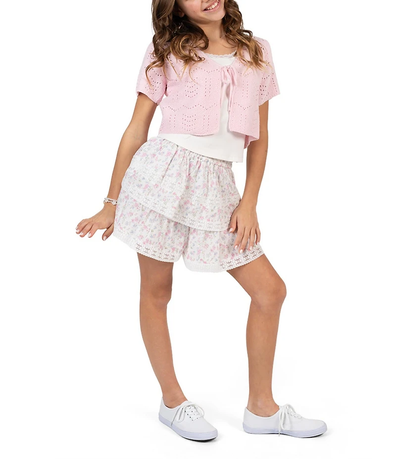 Tween Diva Big Girls Short Sleeve Crocheted Cardigan Sleeveless Camisole & Floral Printed Skort Set