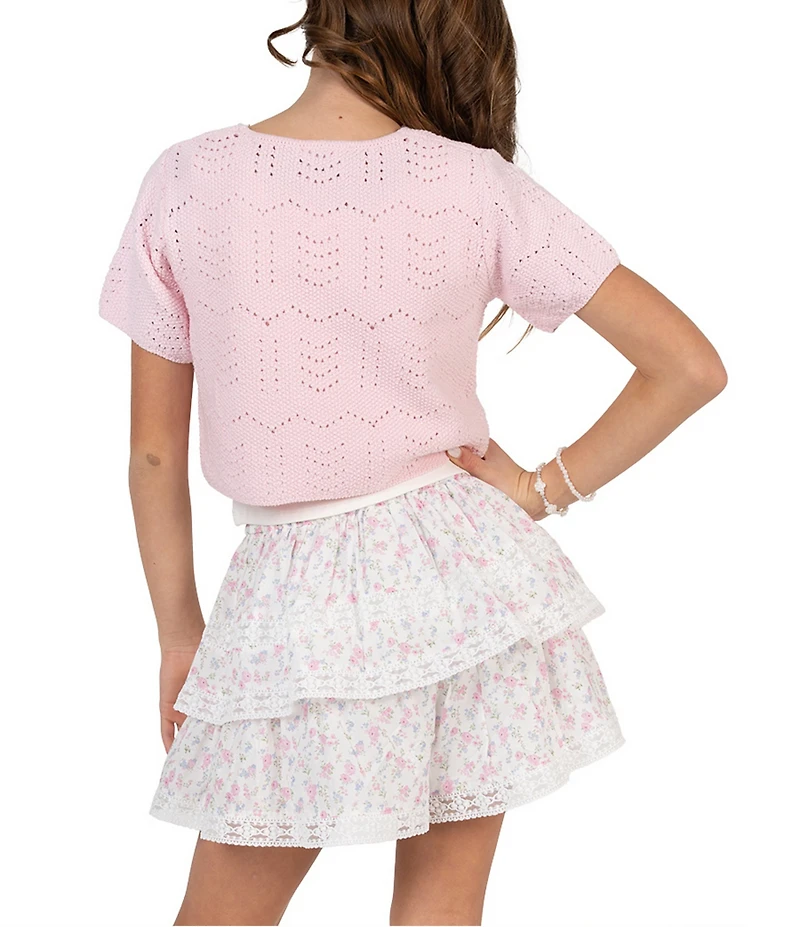 Tween Diva Big Girls Short Sleeve Crocheted Cardigan Sleeveless Camisole & Floral Printed Skort Set